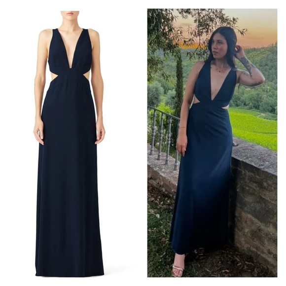 HALSTON Navy Blue Side Cutout Maxi Dress Gown Size 10 - Picture 1 of 12